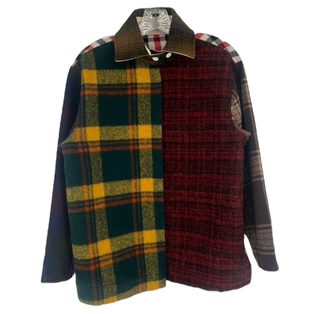 CARLEEN Deadstock Wool Reworked Patchwork Plaid Collared Snap Button Jacket S